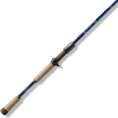 The St. Croix Legend Tournament Bass Casting Rod 7'5" Medium Heavy Warhorse (LBTC75MHF) features SCIV+ Carbon Fiber, beige cork handles, and a black reel seat. The blue rod is shown against a white background.