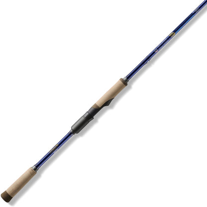 A St. Croix Legend Tournament Bass Spinning Rod 7'10" Medium Light Hair Jig (LBTS710MLXF), featuring tan cork handles, a black reel seat, and SCIV+ Carbon Fiber construction, is shown on a white background.