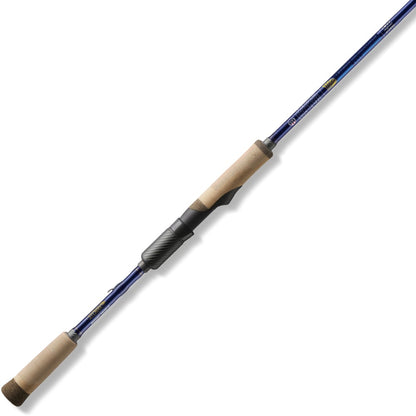 The St. Croix Legend Tournament Bass Spinning Rod 7'3" Medium Light Dropshot Finesse XL (LBTS73MLXF) by St. Croix features cork handles, a black reel seat, and a blue finish—ideal for Dropshot Finesse techniques, shown on a white background.