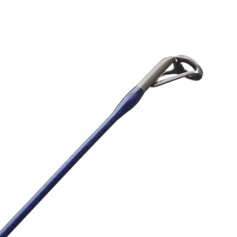 Close-up of a St. Croix Legend Tournament Bass Spinning Rod LBTS71MF tip against a white background, with the glossy blue SCIV+ Carbon Fiber rod featuring a single metal guide loop at the end.