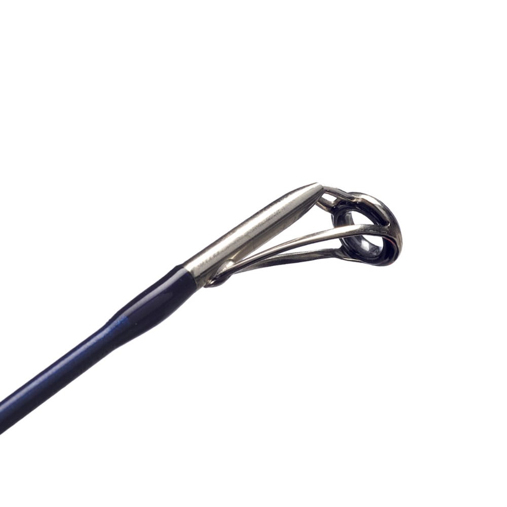 Close-up of the tip and metal guide of a St. Croix Legend Tournament Musky Casting Rod 9'6" Heavy Telescoping Blademaster II (LMTFC96HFT) against a white background.