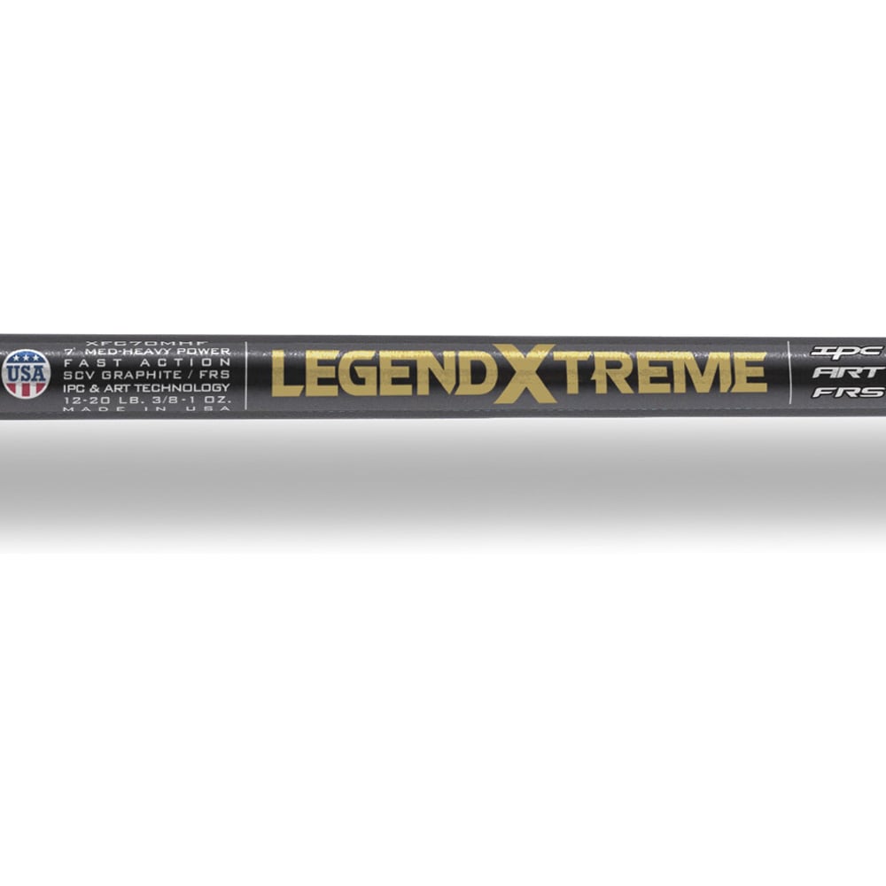 Close-up of the St. Croix Legend Xtreme 6’8” Medium Fast Casting Rod (XFC68MF), featuring bold gold lettering, USA-made flag, IPC & ART technology, and premium SCVI graphite construction.