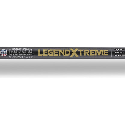 Close-up of the St. Croix Legend Xtreme 6’8” Medium Extra Fast Casting Rod (XFC68MXF) with "LEGEND XTREME" in gold, smaller text, a USA flag logo left, and high-modulus SCVI graphite for top-tier performance.