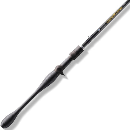 A St. Croix Legend Xtreme 6’8” Medium Fast Casting Rod (XFC68MF) with a textured handle, ergonomic grip, and gold “Legend Xtreme” lettering near the reel seat is shown angled on a white background.