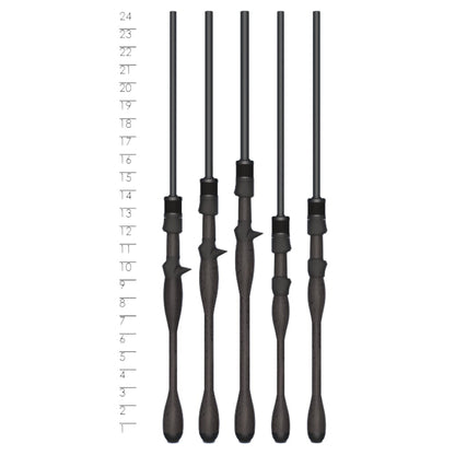 Five black drumsticks with different handle shapes are lined up by a ruler marked 14–24 inches, highlighting accuracy comparable to the St. Croix Legend Xtreme 6’3” Medium Spinning Rod (XFS63MXF).