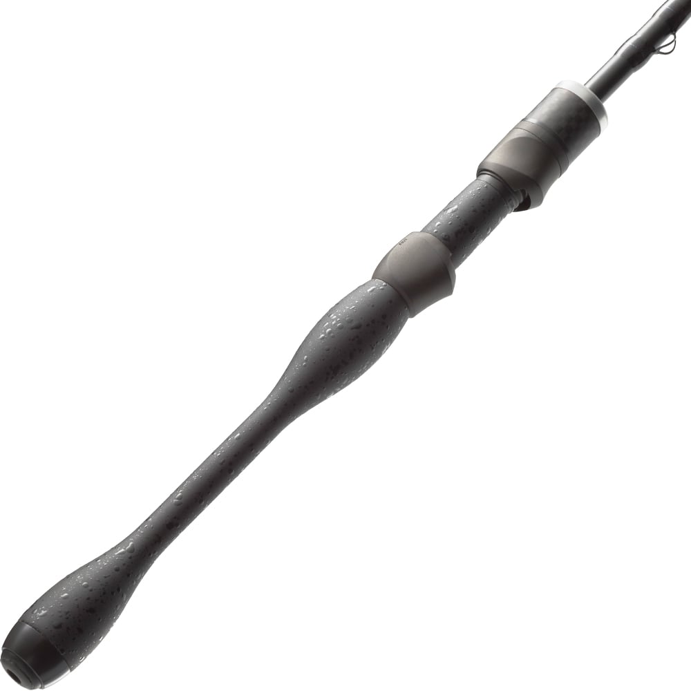 A close-up of the St. Croix Legend Xtreme 7’0” Medium Spinning Rod (XFS70MF) handle shows its ergonomic, textured black grip at an angle against a white background.