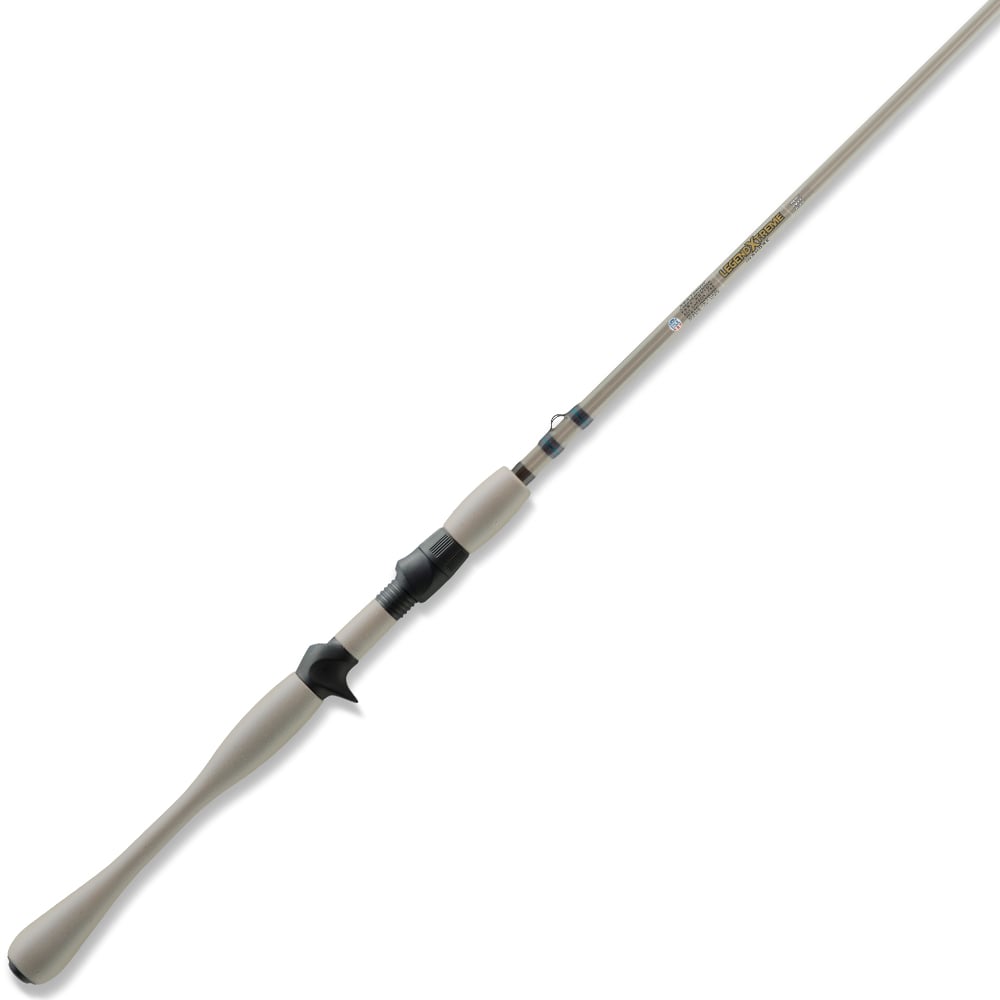 The St. Croix Legend Xtreme Inshore Casting Rod 7'0" Medium Heavy (XSC70MHF) features a beige finish, black reel seat, and ergonomic handle. Lightweight and streamlined for comfortable handling, shown against a white background.