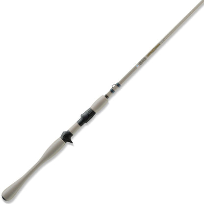 The St. Croix Legend Xtreme Inshore Casting Rod 7'0" Medium Heavy (XSC70MHF) features a beige finish, black reel seat, and ergonomic handle. Lightweight and streamlined for comfortable handling, shown against a white background.