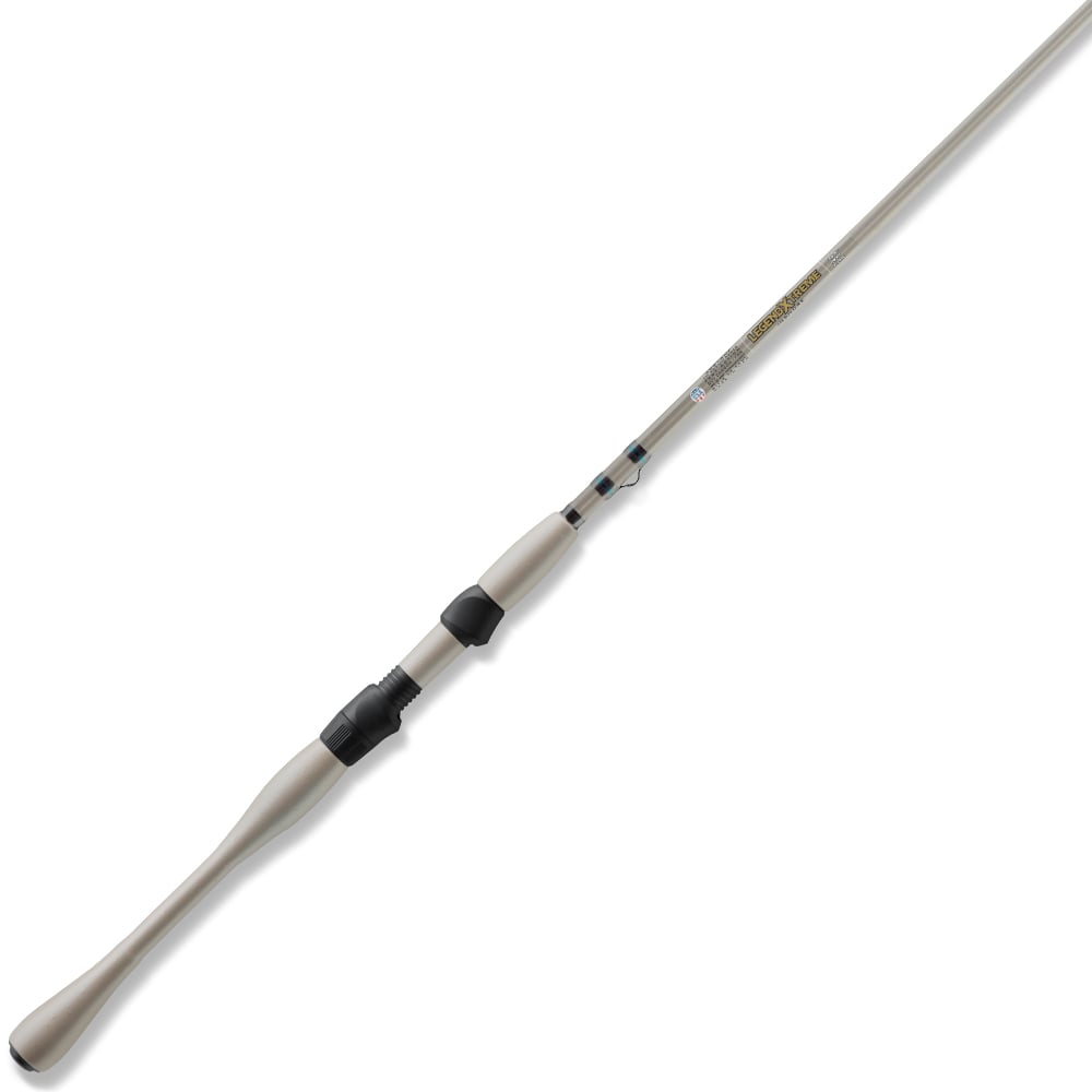 The St. Croix Legend Xtreme Inshore Spinning Rod 7'0” Medium Heavy (XSS70MHF) features a light gray handle, black reel seat, and a sleek, high-modulus SCVI carbon tapered pole, displayed on a white background.
