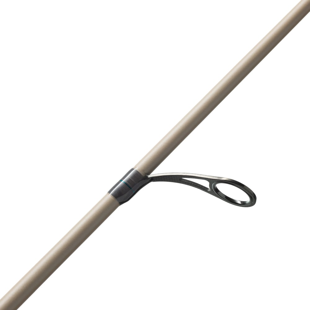 A close-up of the St. Croix Legend Xtreme Inshore Spinning Rod 7'6" Medium (XSS76MF) shows a black oval line guide, showcasing St. Croix’s Advanced Reinforcing Technology for top performance.