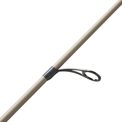 A close-up of the St. Croix Legend Xtreme Inshore Spinning Rod 7'6" Medium (XSS76MF) shows a black oval line guide, showcasing St. Croix’s Advanced Reinforcing Technology for top performance.