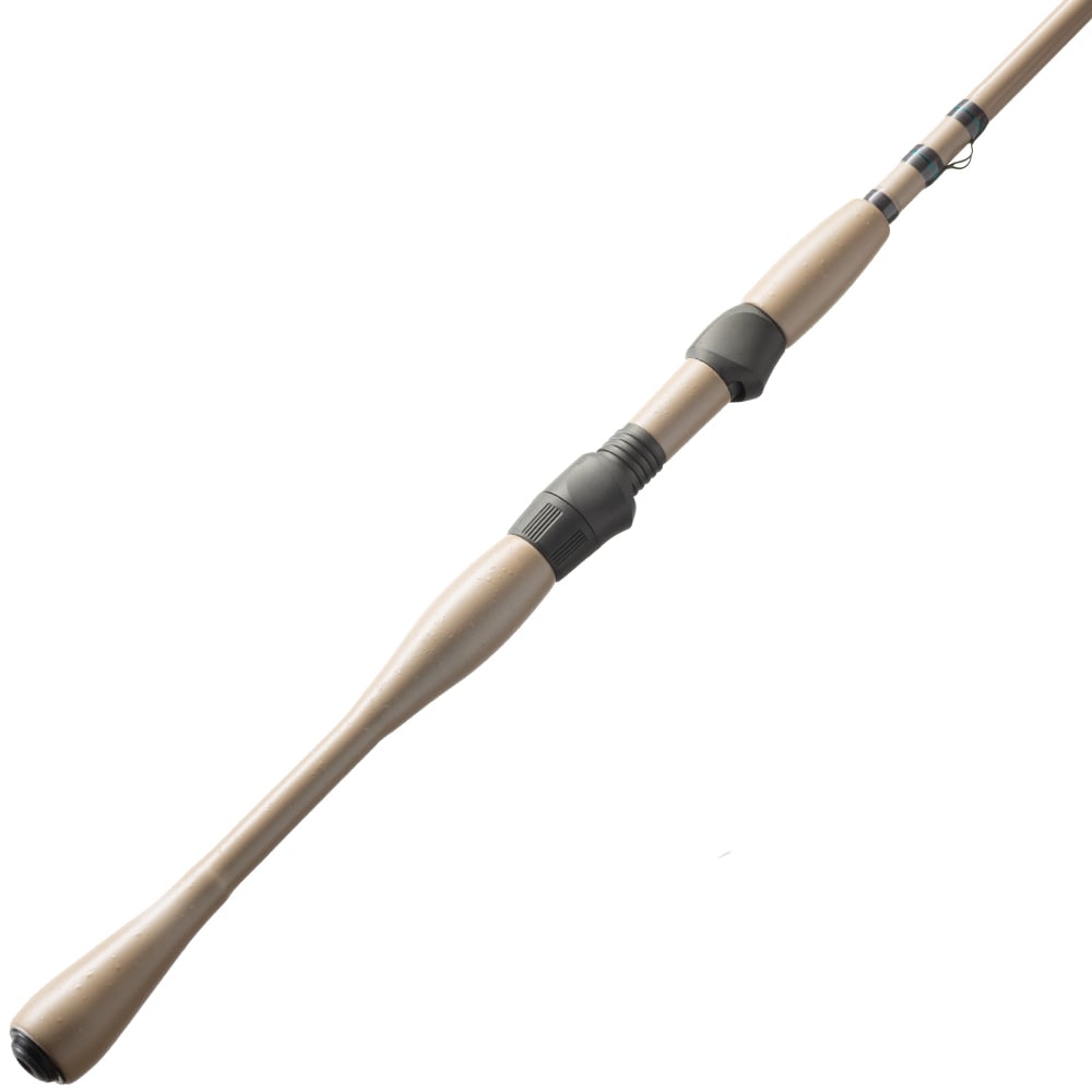 A close-up of the St. Croix Legend Xtreme Inshore Spinning Rod 7'0” Medium (XSS70MF) by St. Croix, featuring a light tan handle and dark gray reel seat, displayed diagonally on a white background.