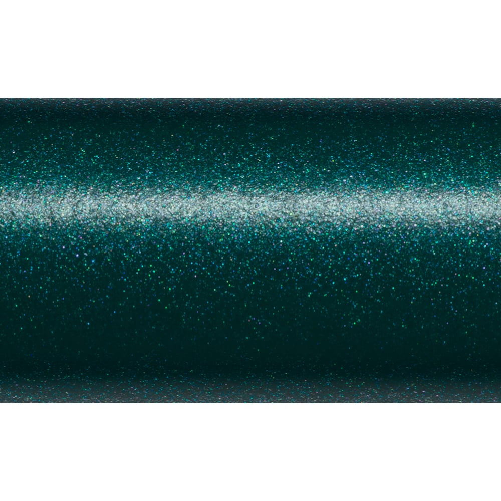 A close-up of a shiny, dark green metallic surface with a subtle sparkle and textured finish—evoking the premium appearance of the St. Croix Mojo Inshore Spinning Rod 7'9" Extra Heavy (JIS79XHMF) by St. Croix.