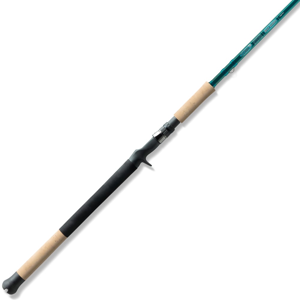 The St. Croix Mojo Inshore Casting Rod 7'0" Heavy (JIC70HF) is displayed diagonally on a white background, highlighting its premium design by St. Croix for serious inshore saltwater anglers.