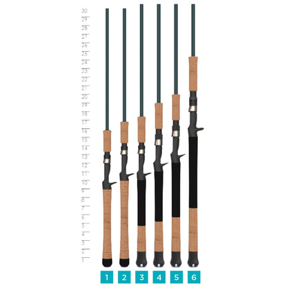 Six fishing rods, including the St. Croix Mojo Inshore Casting Rod 7'6" Medium Heavy (JIC76MHF), are displayed side by side before an inch-marked vertical ruler, numbered 1–6, each with cork handles and black reel seats.
