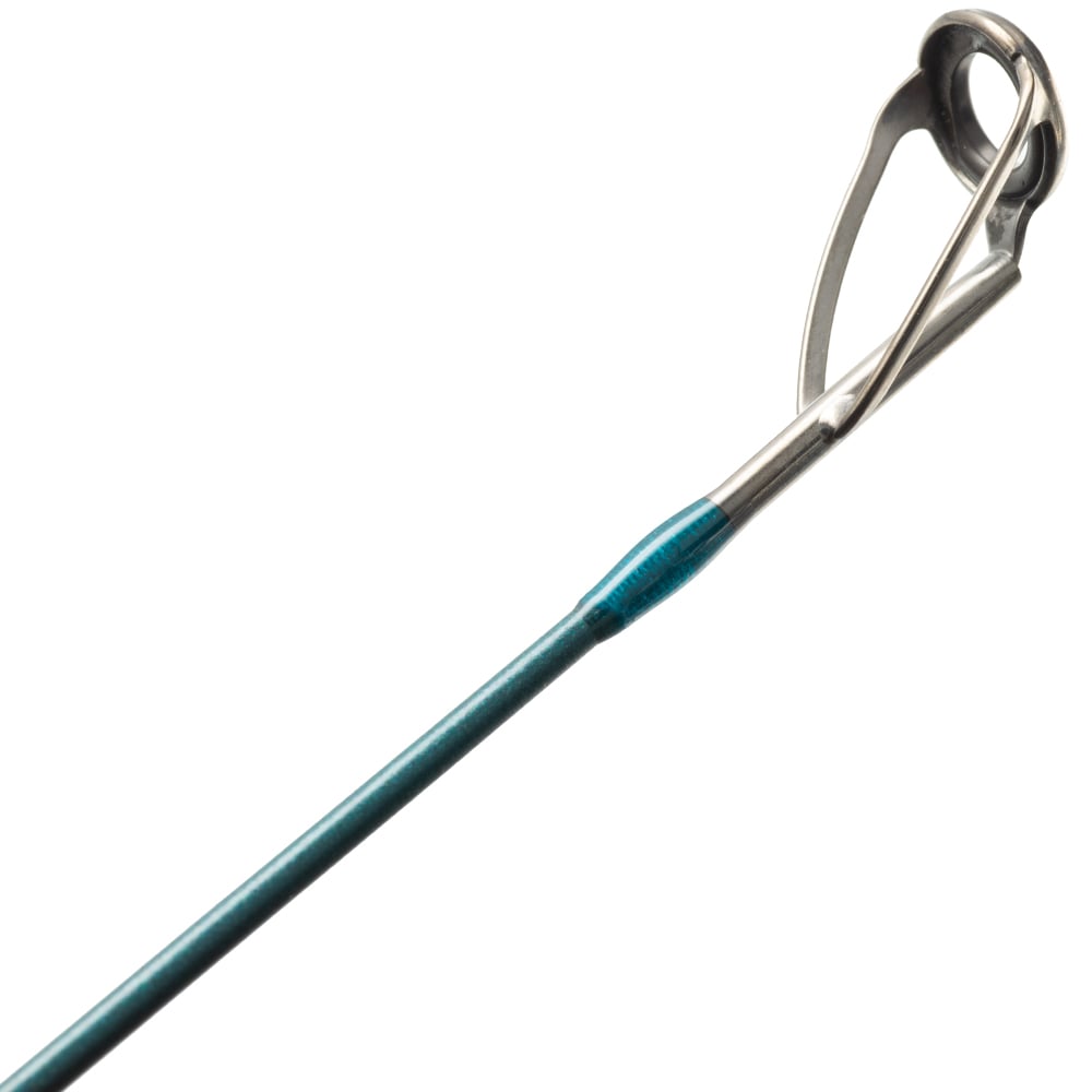 Close-up of the tip of the St. Croix Mojo Inshore Casting Rod 7'6" Medium Light Moderate (JIC76MLM), featuring its blue finish and metallic guide ring.