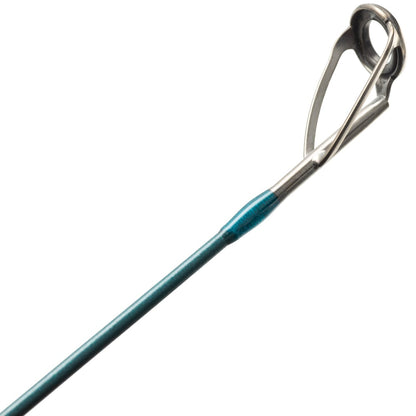 Close-up of the tip of the St. Croix Mojo Inshore Casting Rod 7'6" Medium Light Moderate (JIC76MLM), featuring its blue finish and metallic guide ring.