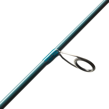 Close-up of the St. Croix Mojo Inshore Spinning Rod 7'0" Medium (JIS70MF), highlighting a metal line guide on the blue rod against a plain white background.