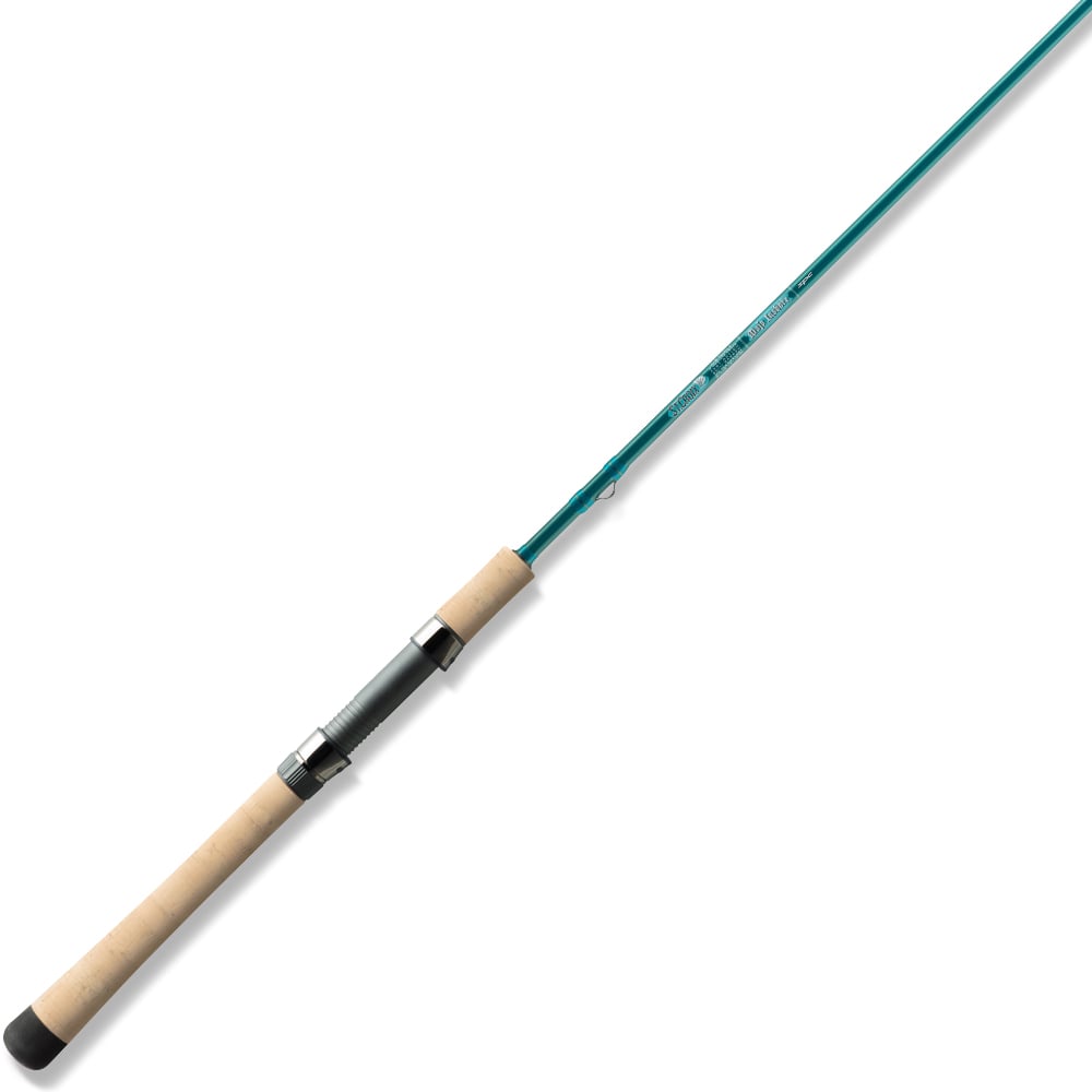 The St. Croix Mojo Inshore Spinning Rod 7'6" Medium (JIS76MF) has a cork handle, metal reel seat, and a teal rod blank, shown against a white background.