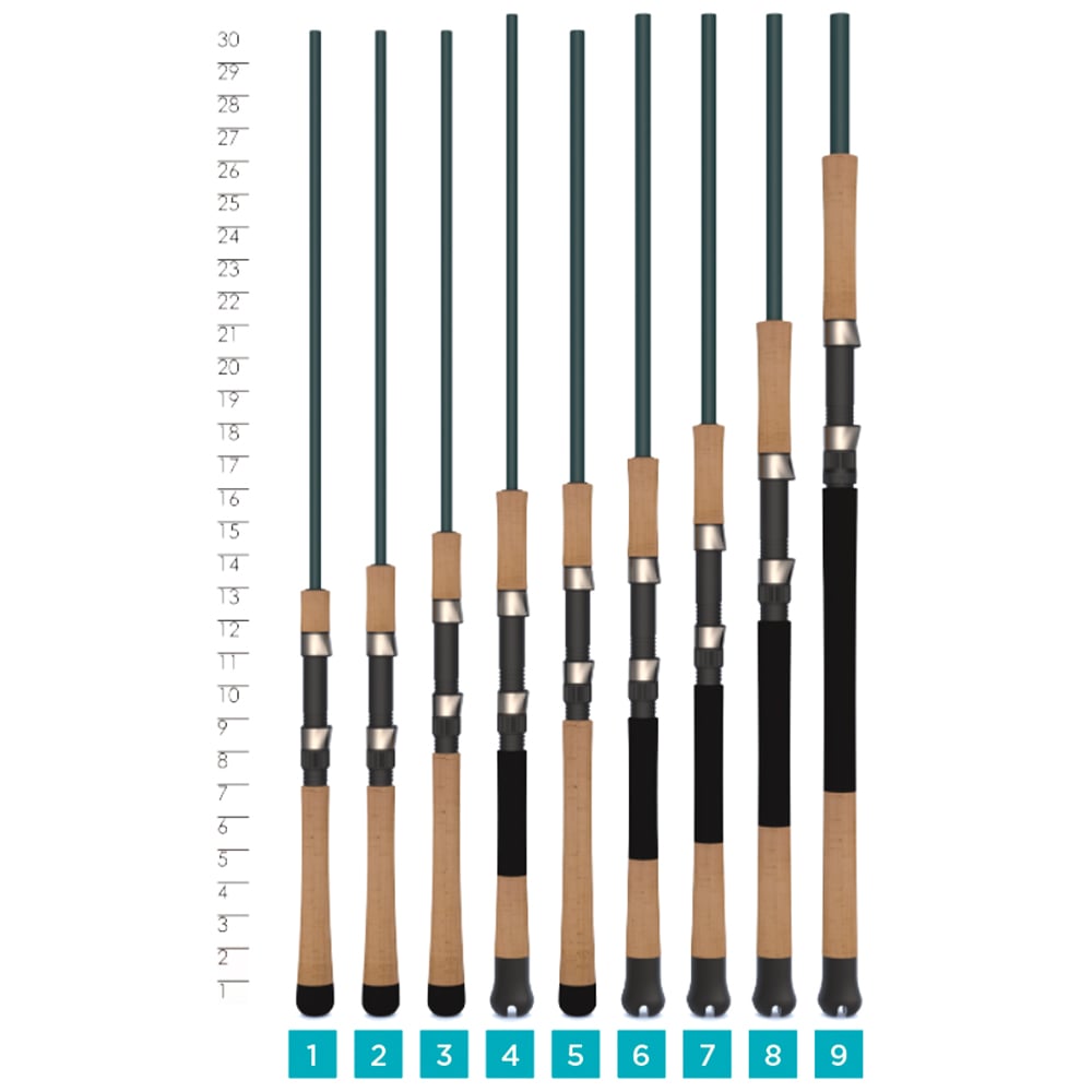 Nine inshore saltwater rods, including the 7'6" St. Croix Mojo Inshore Spinning Rod (JIS76MHF), stand lined up by a vertical scale from 1 to 30, their cork handles highlighting each rod’s distinct length.