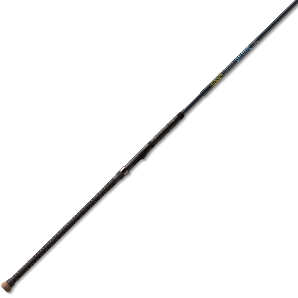 A St. Croix Seage Surf Series Spinning Rod 9’0” Medium Moderate 2pc (SES90MM2) appears diagonally against a white background, featuring a dark handle, metallic reel seat, and blue shaft.