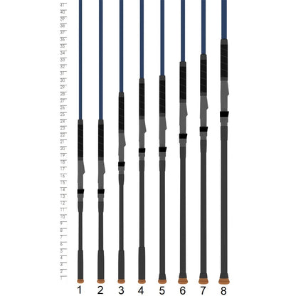 Eight fishing rods, including a St. Croix Seage Surf Series Spinning Rod 10’6” Medium Heavy 2pc (SES106MHMF2), are lined up vertically beside a 1"–72" scale. Each is numbered 1–8 at the base, with black and gray handles.