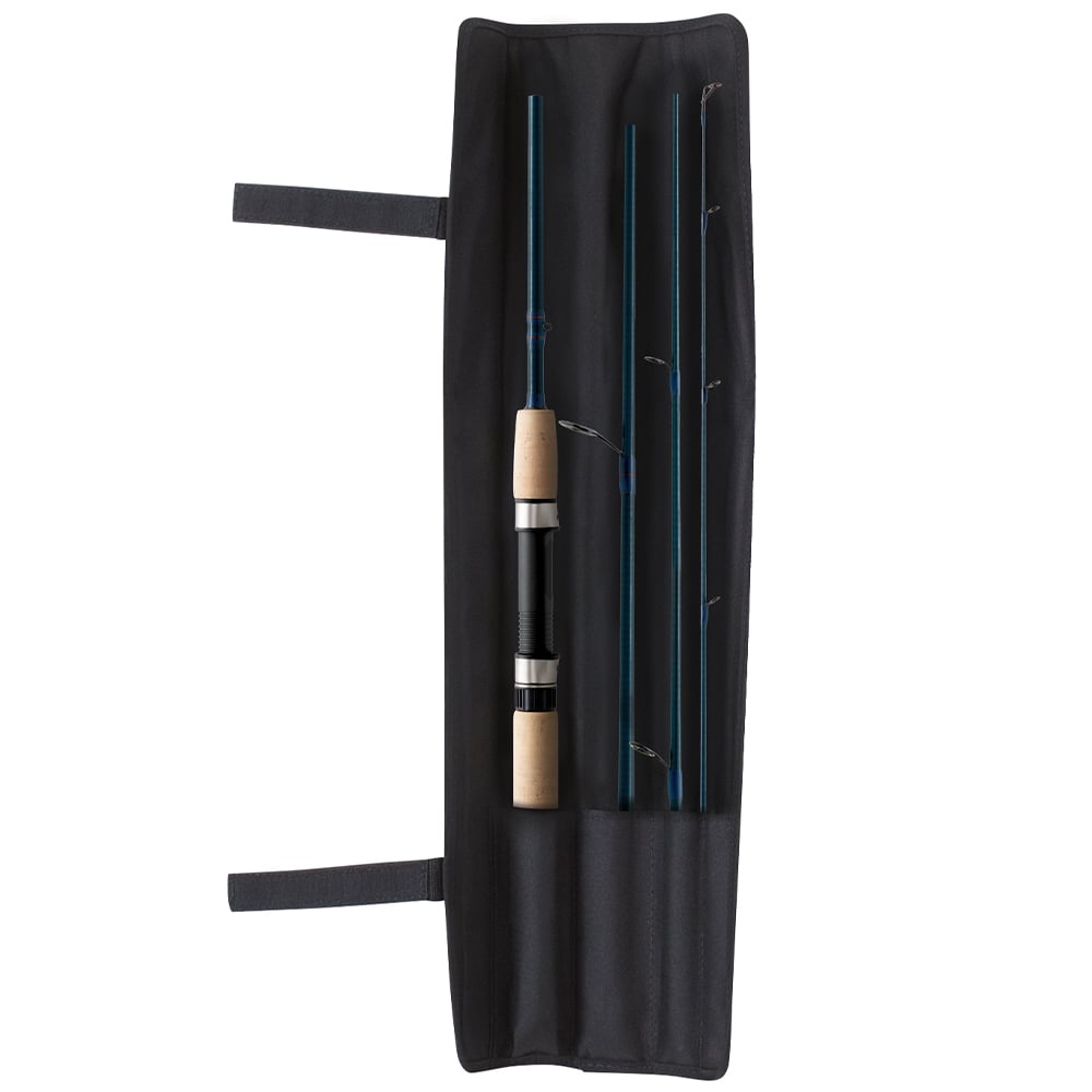 The 6'6" St. Croix Triumph Travel Spinning Rod TSR66MF4 disassembles into four sections for easy storage in a black fabric case with Velcro straps, featuring blue accents and a natural wood finish handle, ideal for fishing adventures.