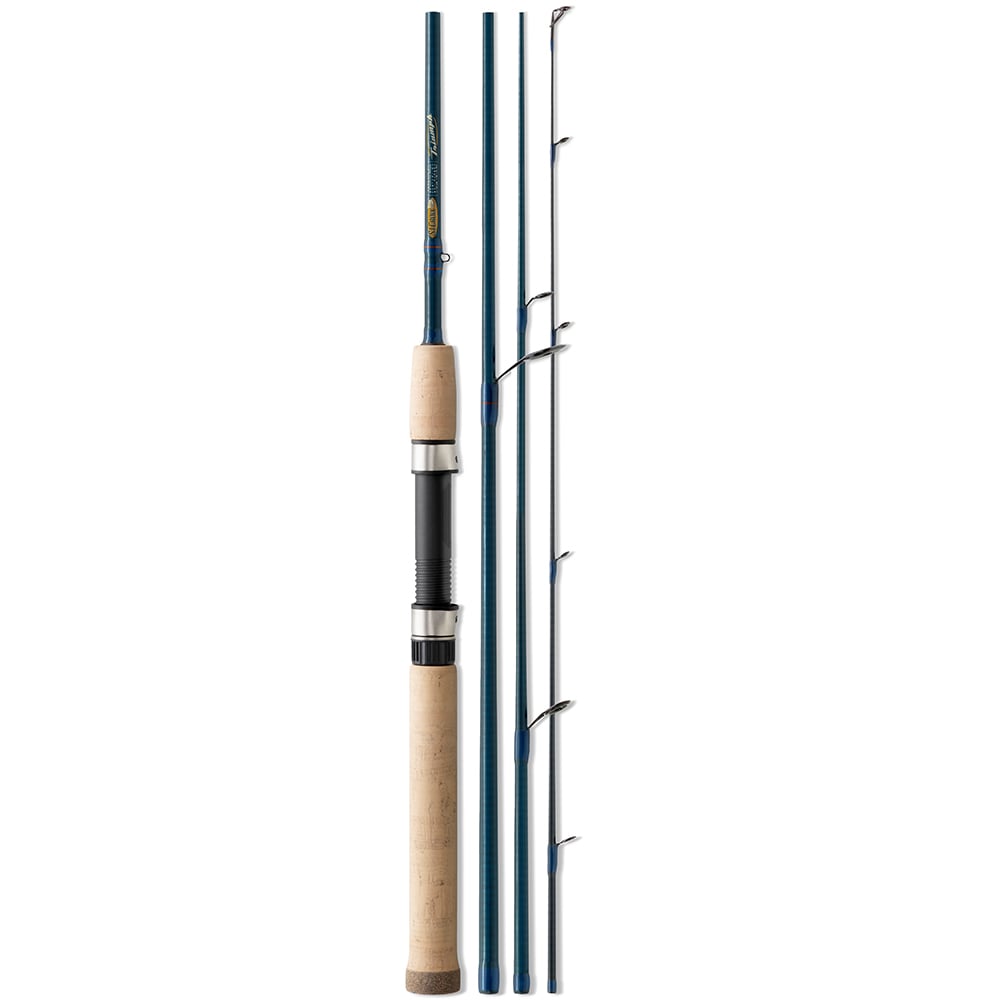 The St. Croix Triumph Travel Spinning Rod 6'6” Medium (TSR66MF4), with its four-piece cork handle, blue and silver sections, and black guides in a linear display, is perfect for your next fishing adventure.