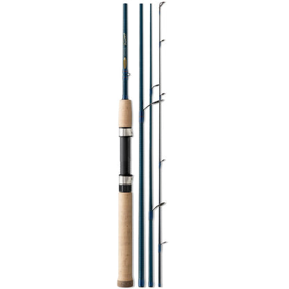 The St. Croix Triumph Travel Spinning Rod 6'6” Medium (TSR66MF4), with its four-piece cork handle, blue and silver sections, and black guides in a linear display, is perfect for your next fishing adventure.