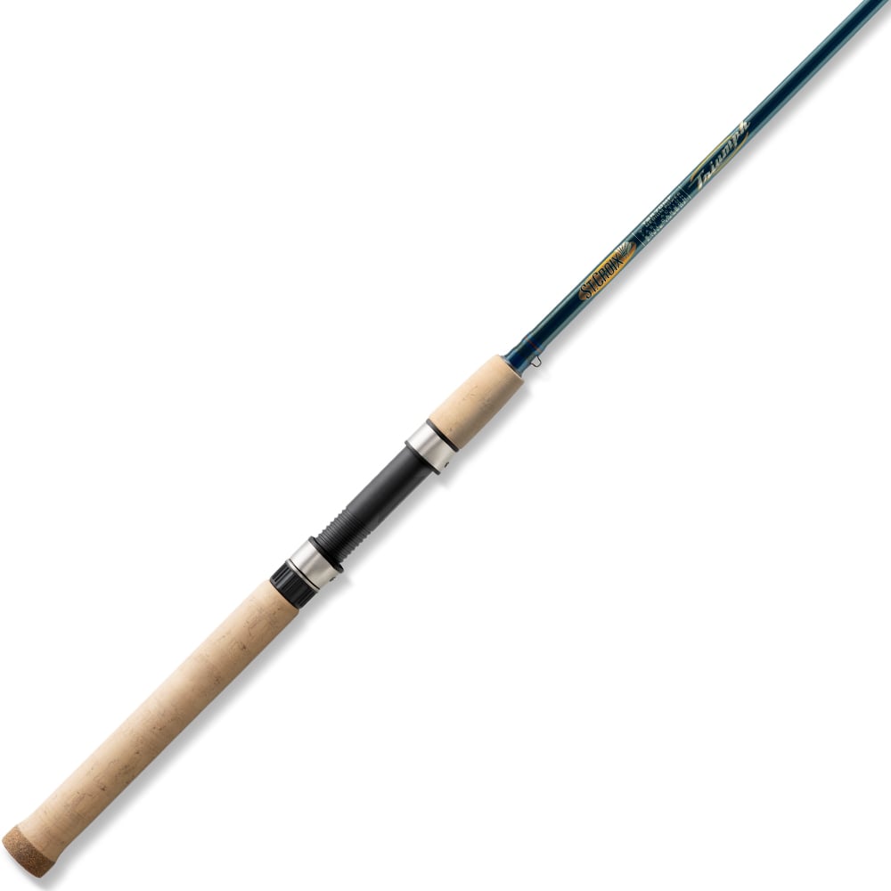 The St. Croix Triumph Spinning Rod 7'0" Medium (TSR70MF) features a premium-grade cork handle, metal reel seat, and a slender blue SCII carbon shaft, shown here against a white background.