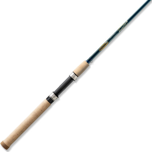 The St. Croix Triumph Spinning Rod 6'6” Medium 2 Piece (TSR66MF2) features a light cork handle, blue SCII carbon shaft, and metal reel seats with sandblasted hoods, shown diagonally on a white background.