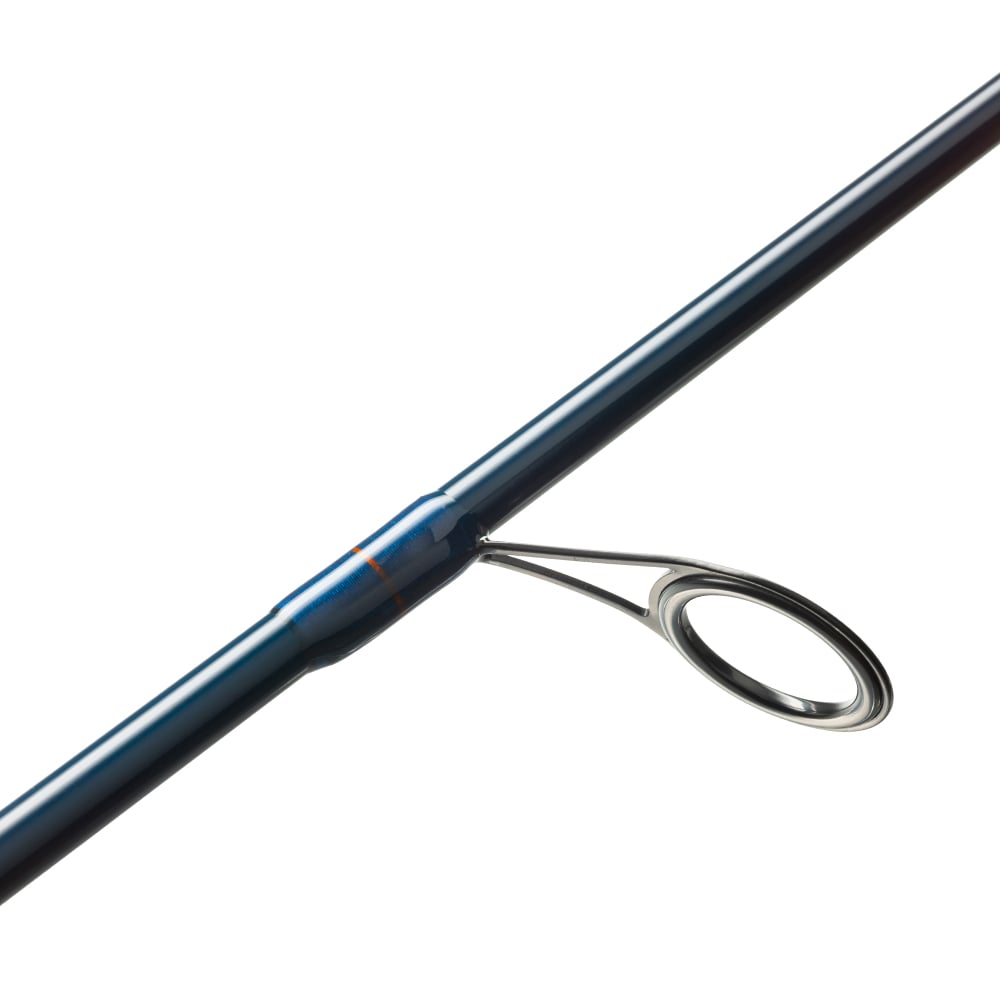 A close-up of a St. Croix Triumph Spinning Rod 6'0” Medium Light | TSR60MLF highlights its glossy blue finish and a single metal guide loop against a plain white background.