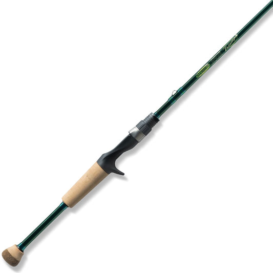 The St. Croix Triumph Inshore Casting Rod 6'8" Medium (TRIC68MMFSG) features a green SCII carbon shaft, cork handle, black reel seat, and Sea Guide components, displayed against a white background.
