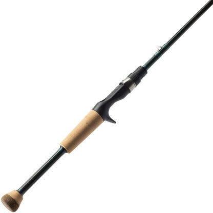 A St. Croix Triumph Inshore Casting Rod 6'8” Medium Heavy (TRIC68MHMFSG) by St. Croix, with a cork handle and black accents, is shown on a white background.