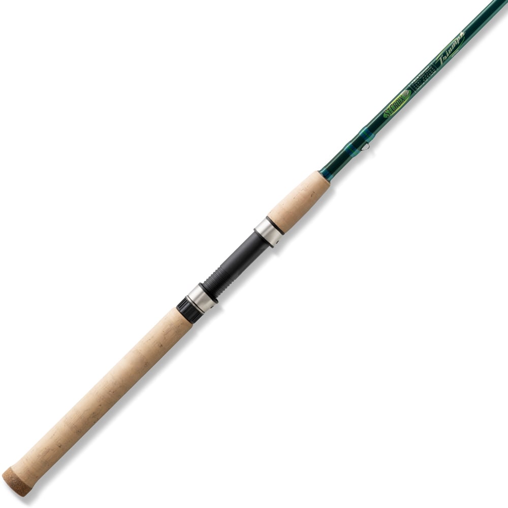 The St. Croix Triumph Inshore Spinning Rod 7'6” Medium Heavy (TRIS76MHF), featuring a cork handle and crafted from SCII carbon, is displayed on a white background—perfect for inshore fishing.