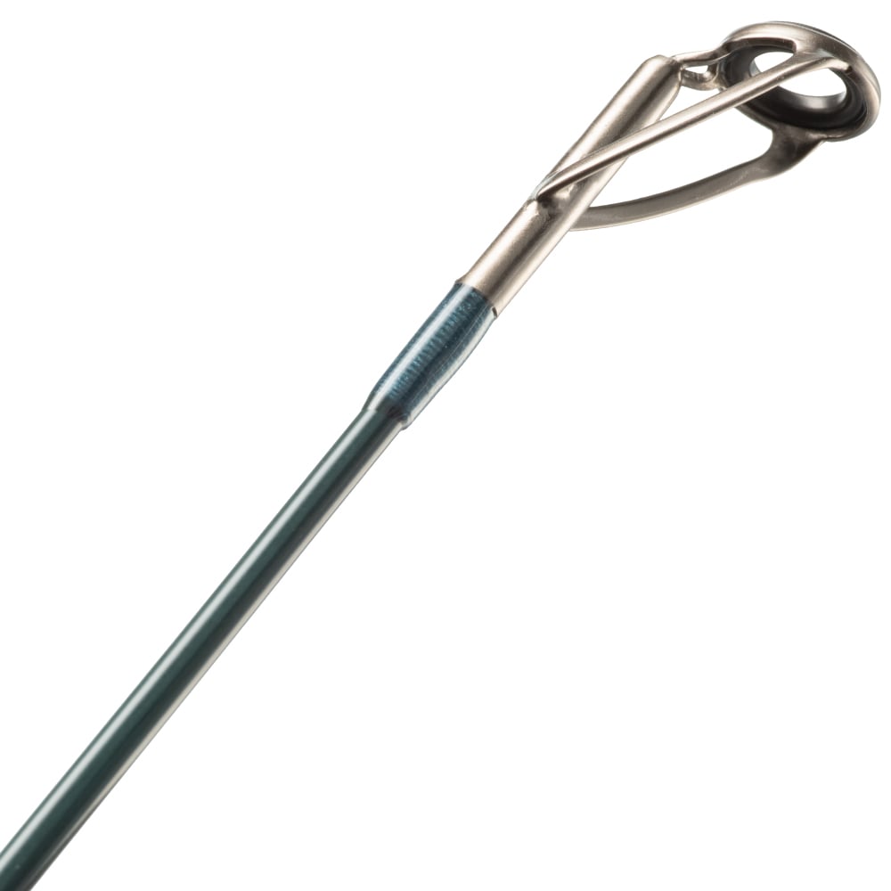 Close-up of the tip of a St. Croix Triumph Inshore Spinning Rod 7'6" Medium (TRIS76MF), featuring a metal guide ring firmly secured with blue thread wrappings.