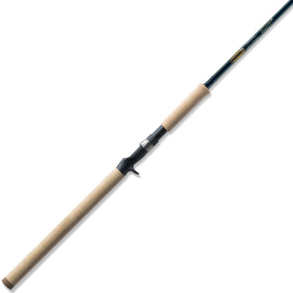 The St. Croix Triumph Musky Casting Rod 7'6” Medium Heavy (TMR76MHF) is shown on a white background, featuring a long, light cork handle and dark reel seat.