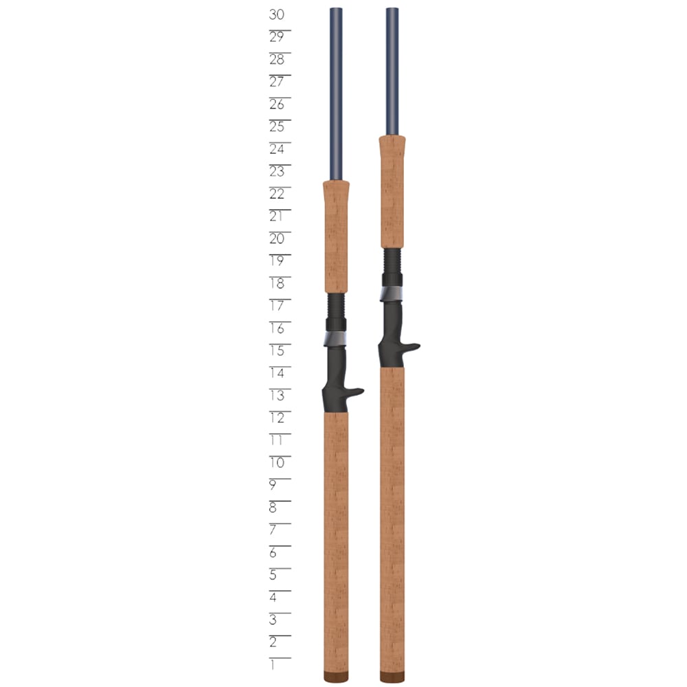 Two fishing rods with cork handles and black reel seats, including the St. Croix Triumph Musky Casting Rod 7'6” Medium Heavy (TMR76MHF), are displayed upright beside a 1–30 height chart.