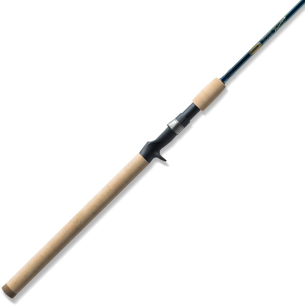 The St. Croix Triumph Salmon & Steelhead Casting Rod 8'6” Heavy (TRSC86HF2) features a long cork handle, black trigger grip reel seat, and a sleek SCII carbon blank for strength and performance.