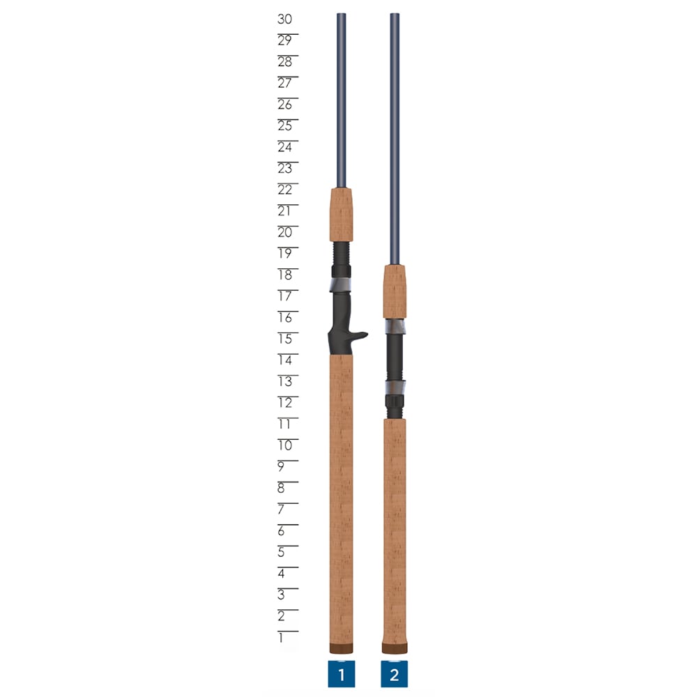 Two St. Croix rods with cork handles—one a 10'6" Triumph Salmon & Steelhead Spinning Rod (Ultra Light) and one Ultra Light trigger grip—stand upright by a 0–30 inch ruler.