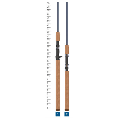 Two fishing rods with cork handles are shown vertically by a height chart. The St. Croix Triumph Salmon & Steelhead Casting Rod 8'6" Heavy (TRSC86HF2) by St. Croix, made with SCII carbon, reaches about 29 inches on the scale alongside the second rod.