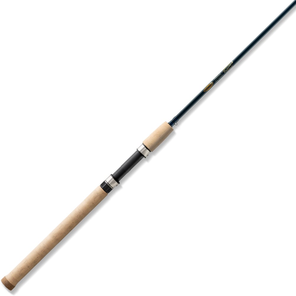 The St. Croix Triumph Salmon & Steelhead Spinning Rod 9'0" Light (TRSS90LM2), featuring a cork handle and slender black shaft, is shown on a white background.