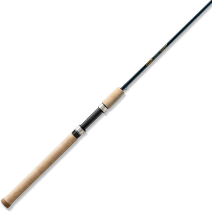 The St. Croix Triumph Salmon & Steelhead Spinning Rod 10'6” Ultra Light (TRSS106ULS2) features a cork handle, black reel seat, and slender Premium Quality SCII Carbon build, displayed diagonally against a white background.