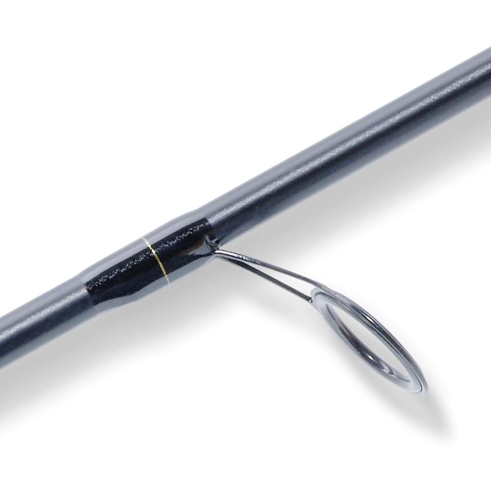 Close-up of the St. Croix Triumph Salmon & Steelhead Spinning Rod 8'6” Medium (TRSS86MF2), highlighting a Sea Guide Atlas Performance line guide with metallic ring and black finish, crafted from premium SCII carbon, on a clean white background.