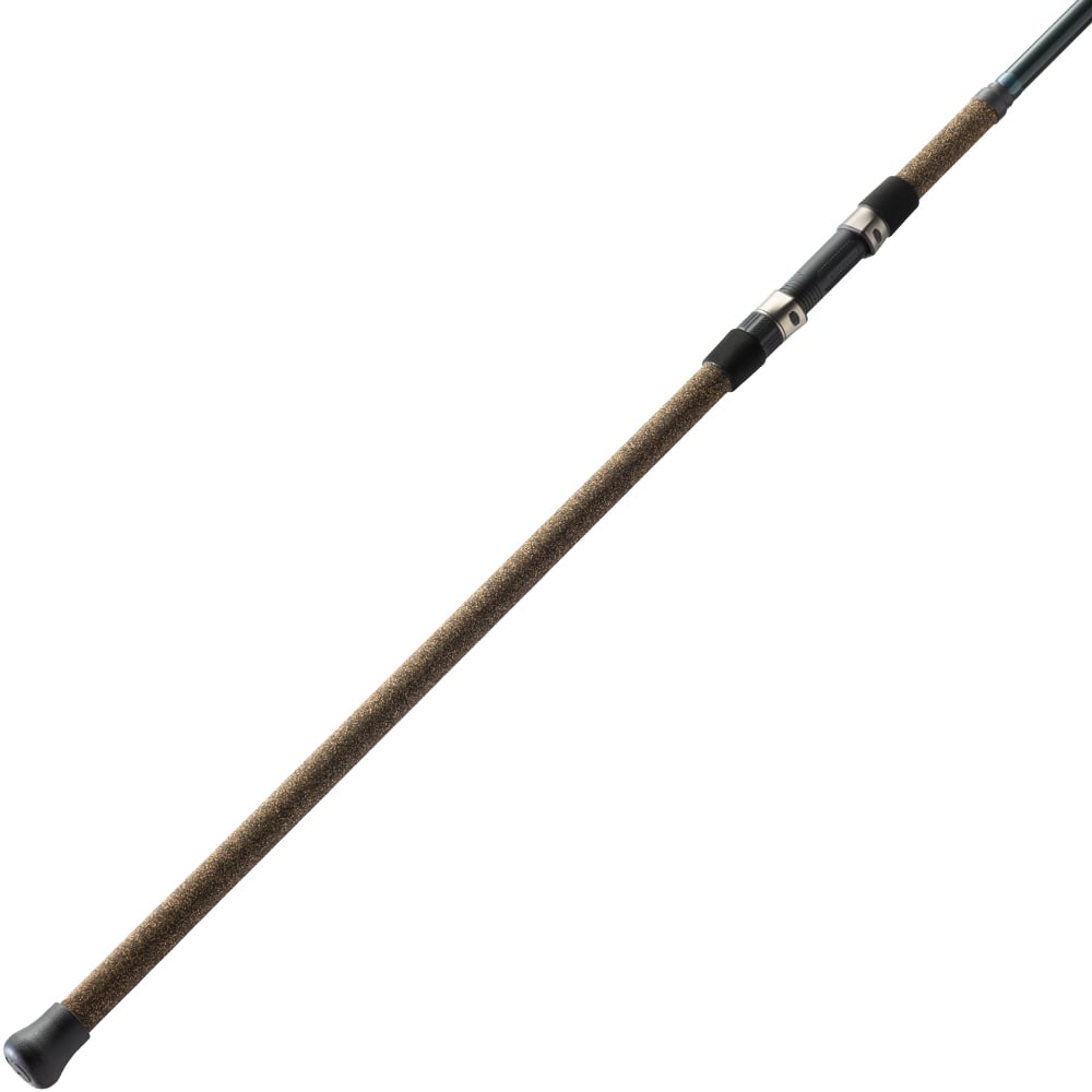 A close-up of the St. Croix Triumph Surf Spinning Rod 9'0" Medium (TSF90M2) handle, featuring a cork grip, black reel seat, and metal components, highlights the St. Croix brand's long distance casting performance on a white background.