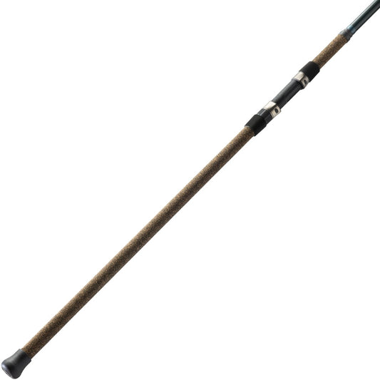 A close-up of the St. Croix Triumph Surf Spinning Rod 10'0” Medium (TSF100M2) handle with cork grip and black reel seat, displayed diagonally on a white background.