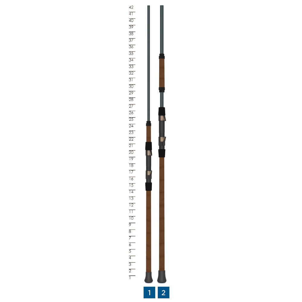 Two St. Croix Triumph Surf Travel Spinning Rods with wooden handles and brown accents are vertically displayed, accompanied by a measuring guide from 11-42 inches. Blue markers numbered 1 and 2 highlight the precision of these premium graphite surf rods' detailing.
