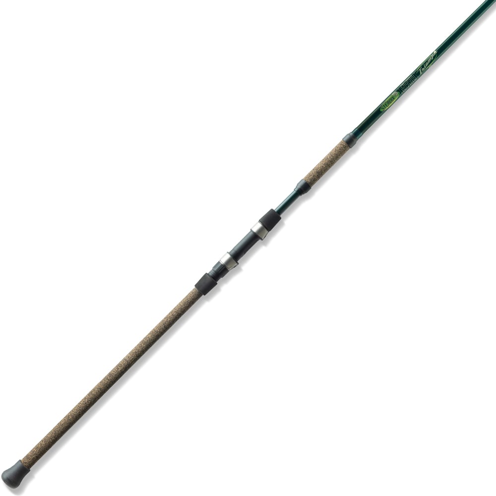 A St. Croix Triumph Surf Travel Spinning Rod 9'0” Medium (TSF90M4) with a green shaft, cork handle sections, and silver reel seats is set diagonally on a white background.