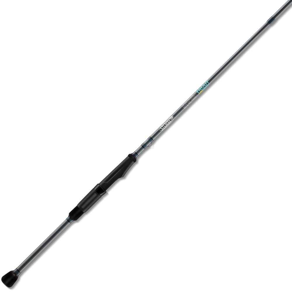 Presenting the St. Croix Trout Pack Spinning Rod, 6'6" Medium Light, 3 Piece (TFS66MLXF3), featuring a gray and black design with an ergonomic handle and SCII carbon fiber construction. It tapers towards the tip, with shaft markings in blue accents on a white background.