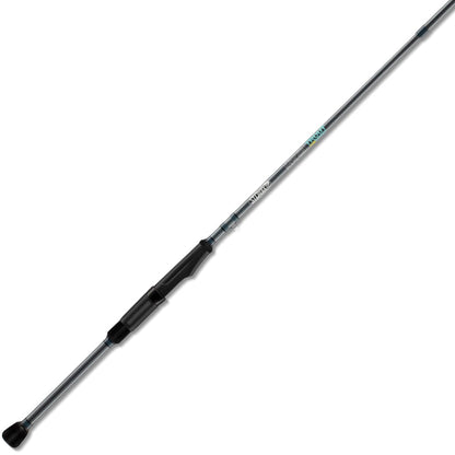 Presenting the St. Croix Trout Pack Spinning Rod, 6'6" Medium Light, 3 Piece (TFS66MLXF3), featuring a gray and black design with an ergonomic handle and SCII carbon fiber construction. It tapers towards the tip, with shaft markings in blue accents on a white background.
